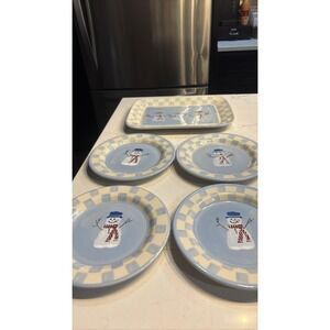 Hartstone Lot 5 Pottery Snow People Snowman Checked Plates & Platter Blue Winter